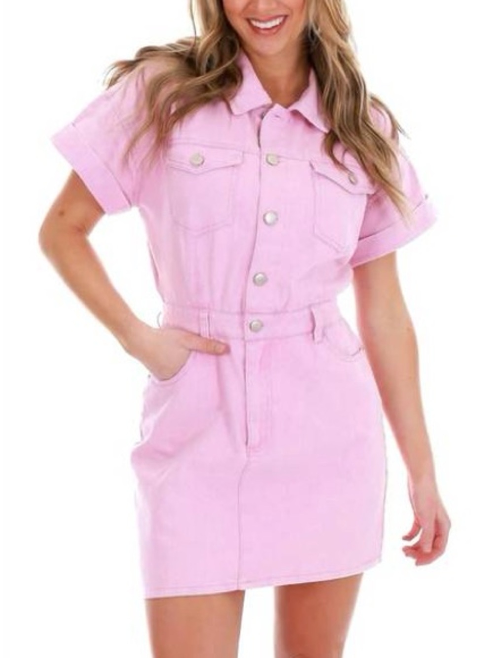 Entro Pink Short Sleeve Denim Mini Dress